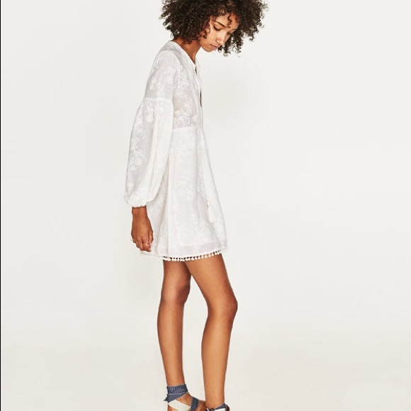 NWT Zara White Embroidered Pom Pom Mini Dress - Picture 4 of 8